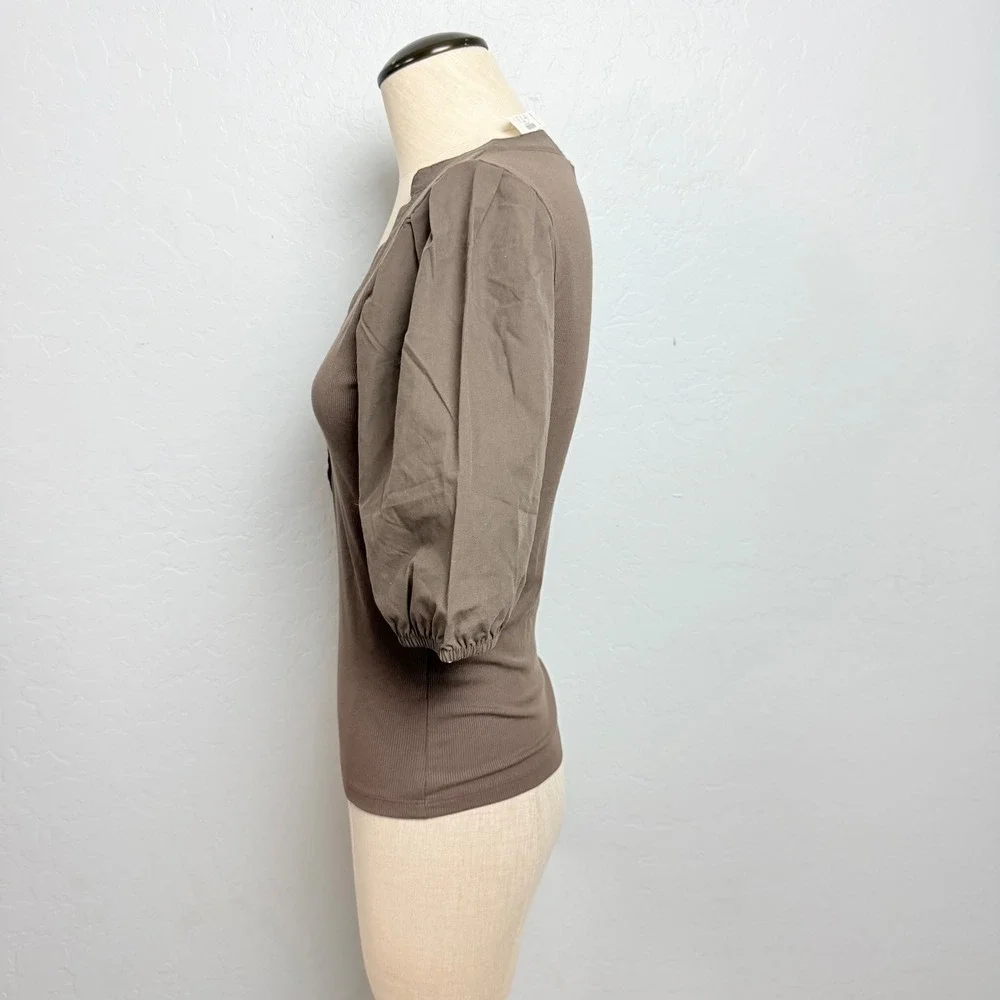 NEW Madewell Brown Ribbed Puff Sleeve Henley Top NW195 XS